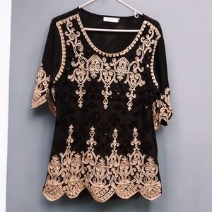 Simply Couture Black Tan Formal Shirt Tunic Embroidered Sequin Womans Large